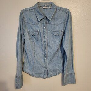 Halogen Washed Blue Jean Pearl Snap Buttons & Sleeves Shirt Blouse Large Western